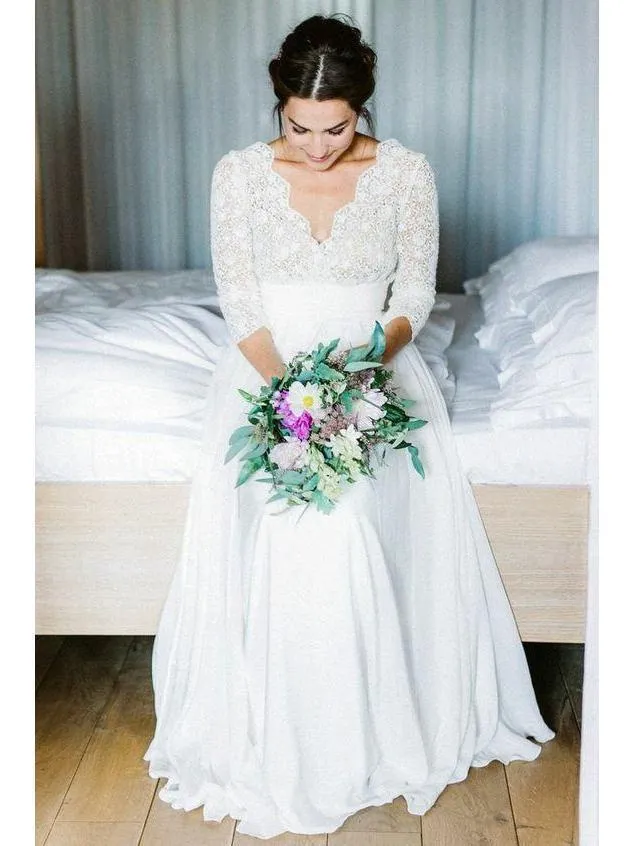 A Line 3/4 Sleeve Chiffon Wedding Dress Rustic Lace Top Bridal Dress