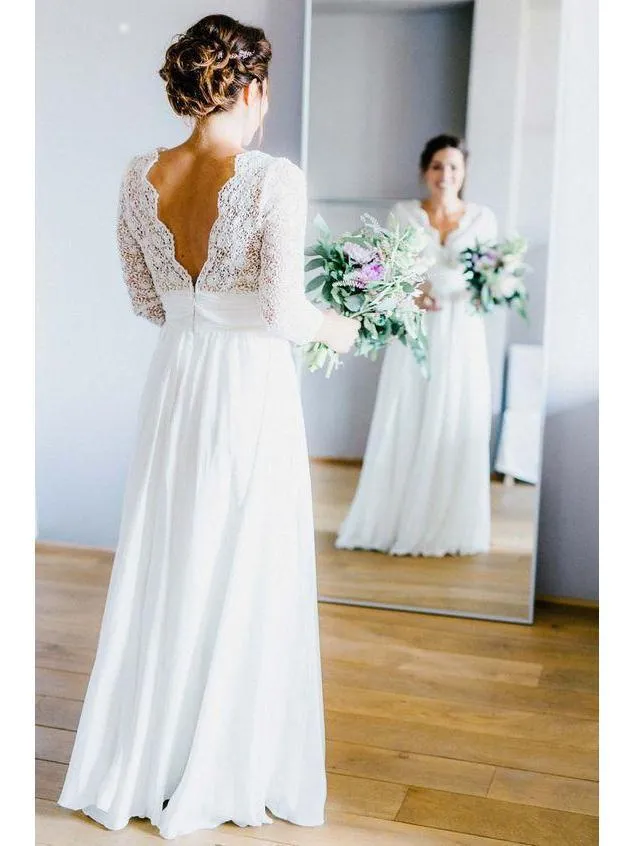 A Line 3/4 Sleeve Chiffon Wedding Dress Rustic Lace Top Bridal Dress