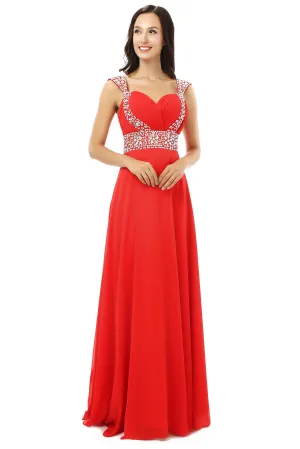 A-line V Neck Chiffon Long Red Prom Dresses