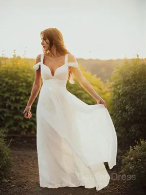 A-Line V-neck Floor-Length Chiffon Wedding Dresses With Ruffles