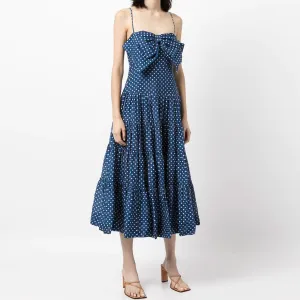 Adorable Polka Dot Bow Trim A-Line Slip Midi Dress - Blue