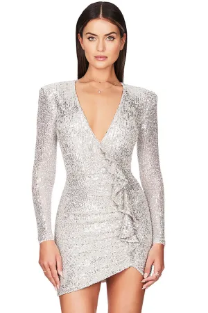 Amozae-hoco dresses -Sparkly Galaxy Long Sleeve Ruffle Deep V Sequin Mini Dress - Silver