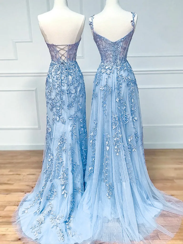 Blue Sweetheart Neck Lace Long Prom Dresses, Blue Lace Graduation Dress