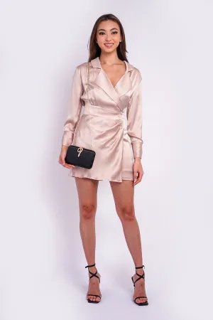 Champagne Tailor Lapel Drape Wrap Dress