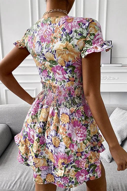 Floral Print Bow Tie Ruffles Mini Dress