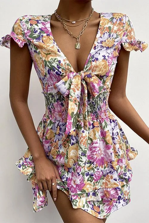 Floral Print Bow Tie Ruffles Mini Dress