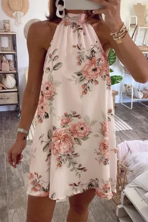 Floral Print Halter Neck Sleeveless Mini Dress