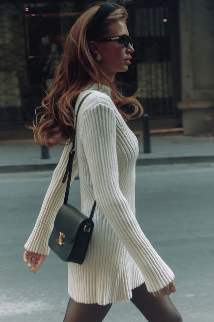 French Style Mock Neck Long Sleeve Chunky Rib Knit Winter Sweater Mini Dress - White