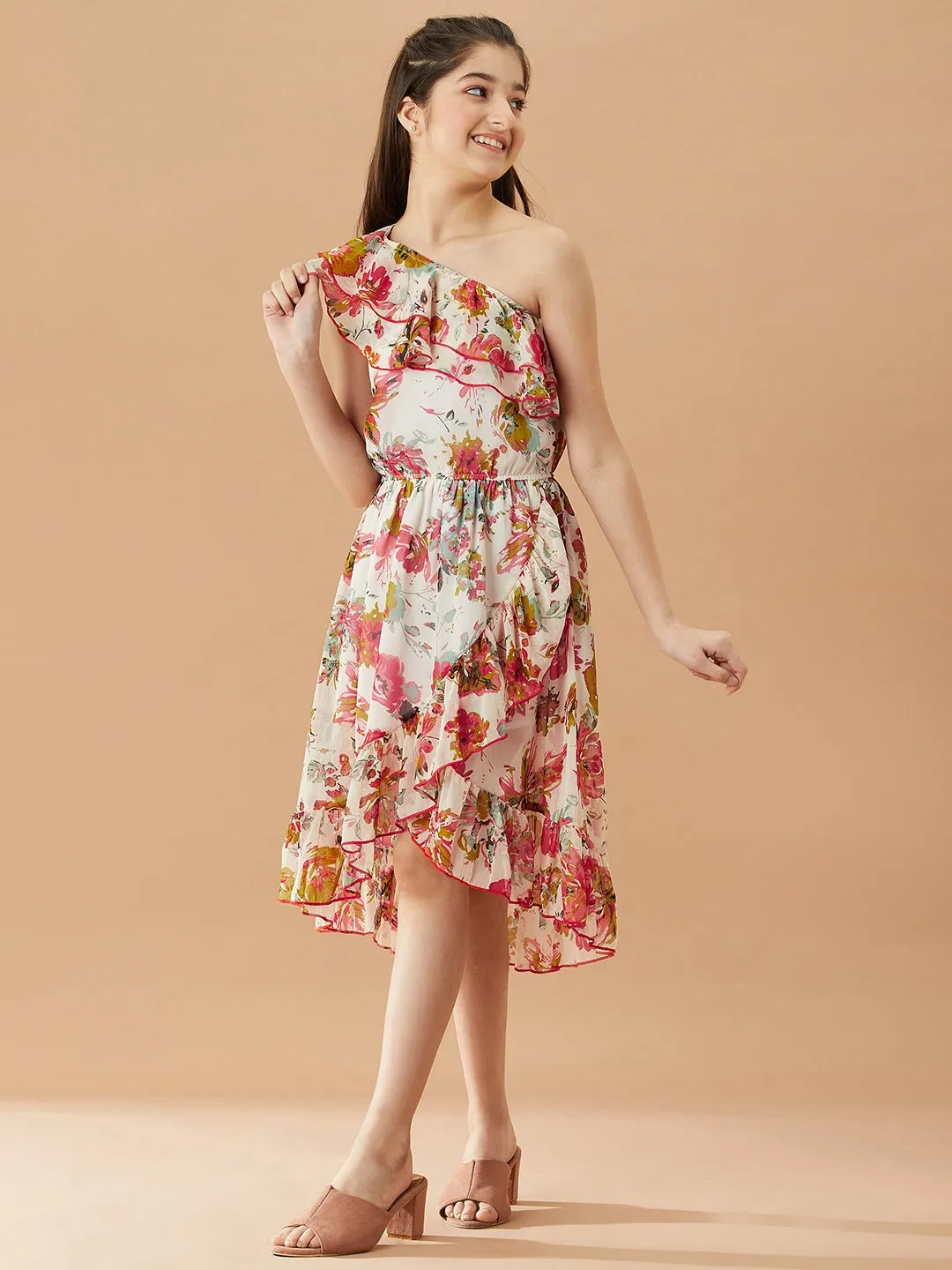 Girls Floral Printed One Shoulder Midi Fit Flare Dress - Ps Peaches