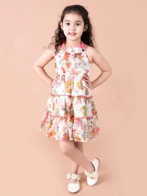 Girls Off White Red Floral Printed Chiffon Dress - Ps Peaches