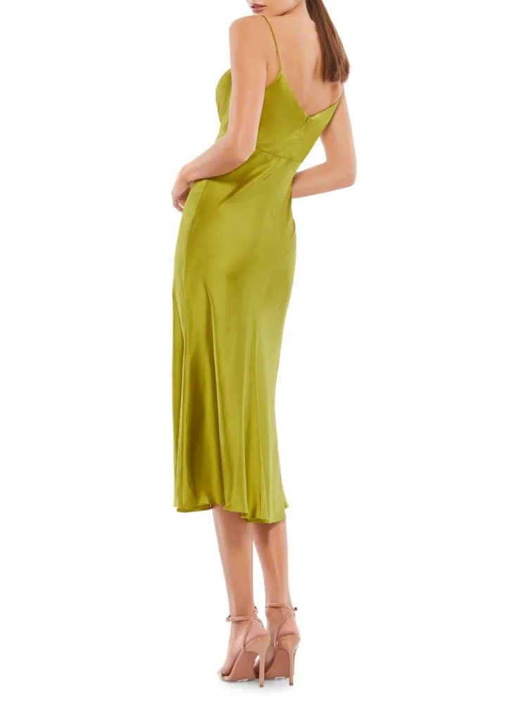 Ieena Mac Duggal Satin Midi Slip Dress in Apple Green