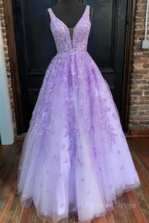 kamahe Deep V Neck Purple Lace Long Prom Dresses, Purple Lace Formal Dresses, Purple Evening Dresses