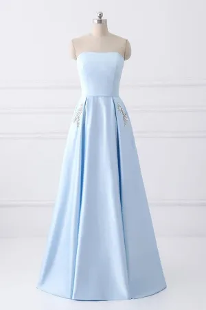 kamahe Light Blue A Line Floor Length Strapless Sleeveless Lace Up Prom Dresses