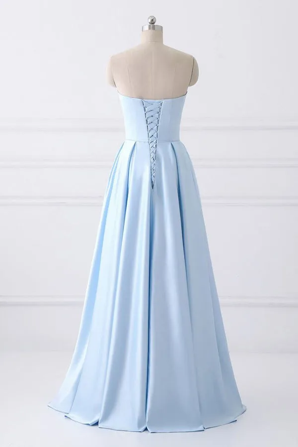 kamahe Light Blue A Line Floor Length Strapless Sleeveless Lace Up Prom Dresses