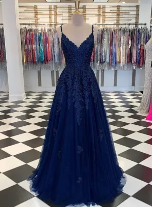 kamahe Navy Blue A-Line V-neck Floor-Length Chiffon Prom Dresses With Lace Sequins