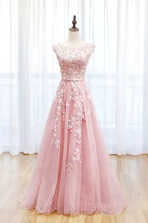 kamahe Round Neck Pink Lace Prom Dresses, Pink Lace Long Formal Evening Dresses