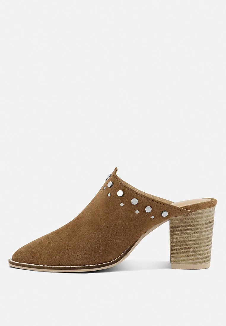 LESLIE Tan Stacked Heel Mules