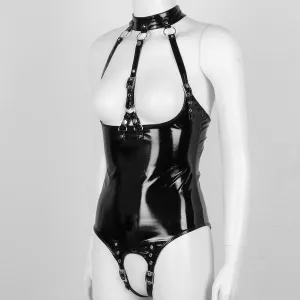 Open Cup Wet Look Leather One Piece