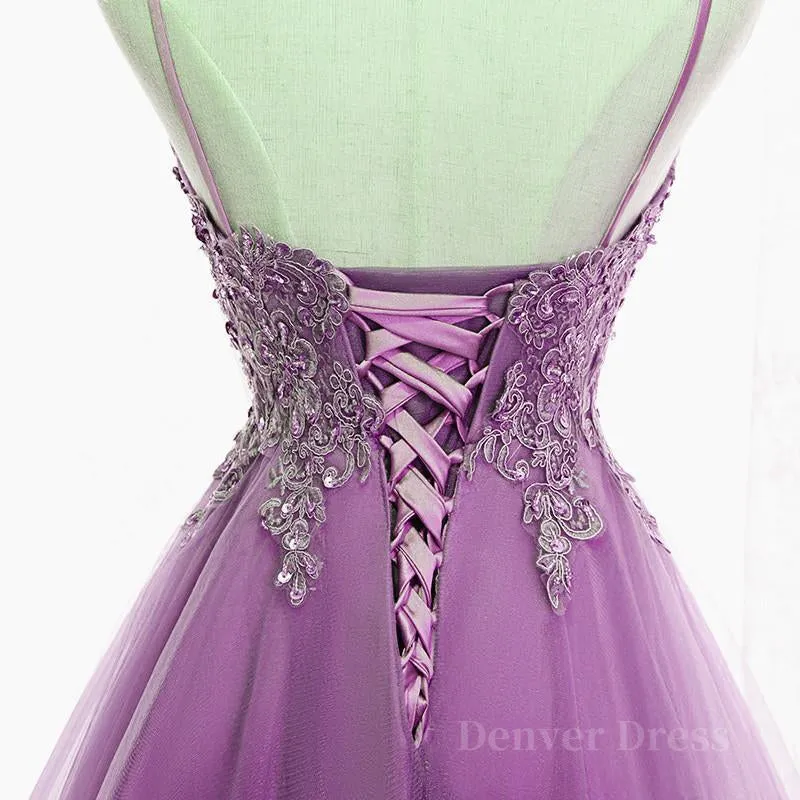 Purple High Low Lace Prom Dresses, Light Purple High Low Lace Formal Homecoming Dresses