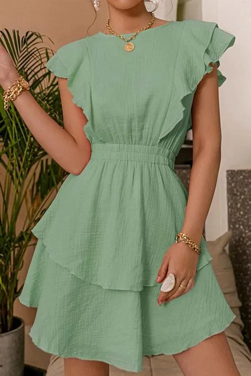 Ruffle Trim Ruched Waist Layered Hem Dress