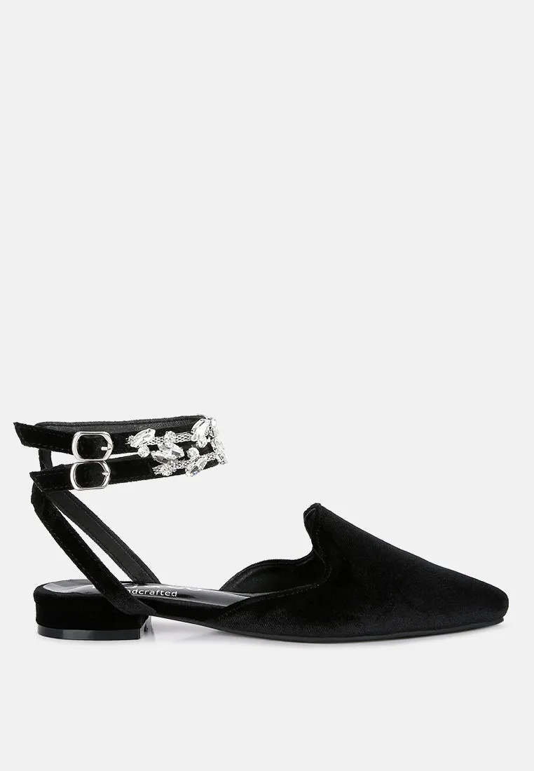 SALOME Black Embellished Ankle Strap Velvet Mules