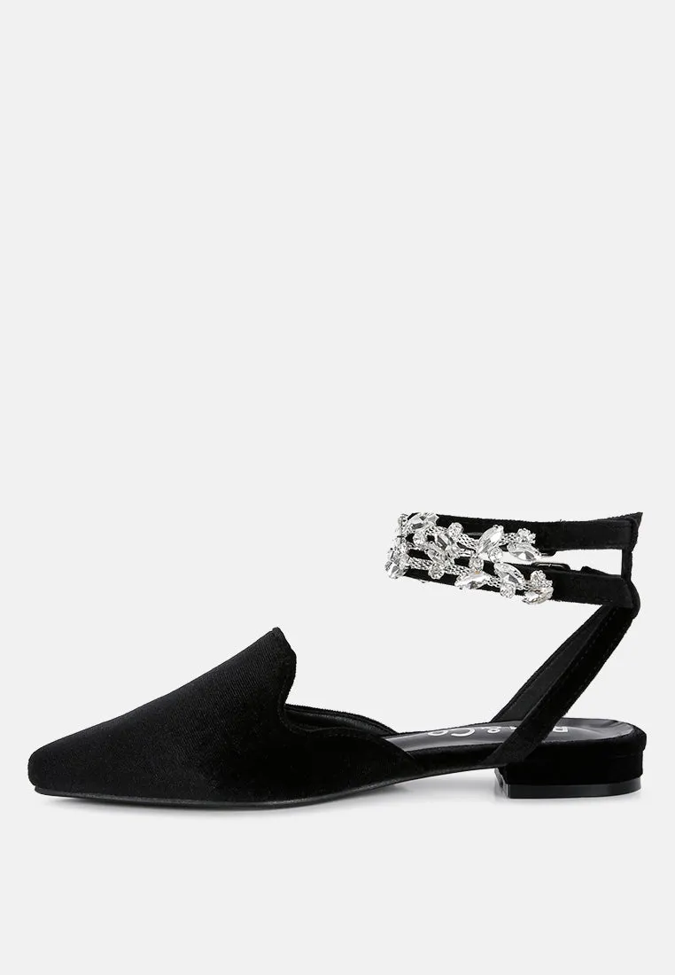 SALOME Black Embellished Ankle Strap Velvet Mules