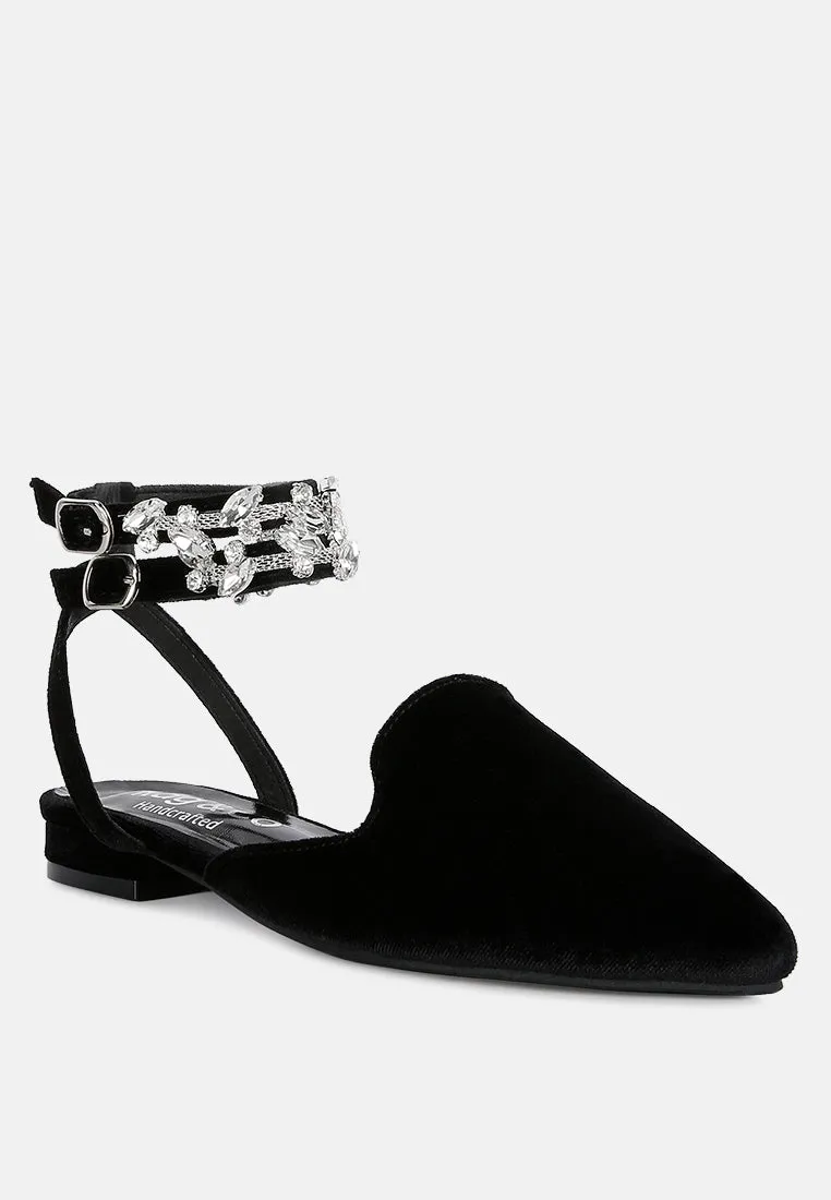 SALOME Black Embellished Ankle Strap Velvet Mules