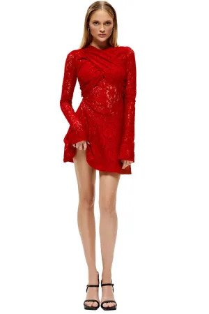 Sexy Cross Front Semi Sheer Long Sleeve Lace Party Mini Dress - Red