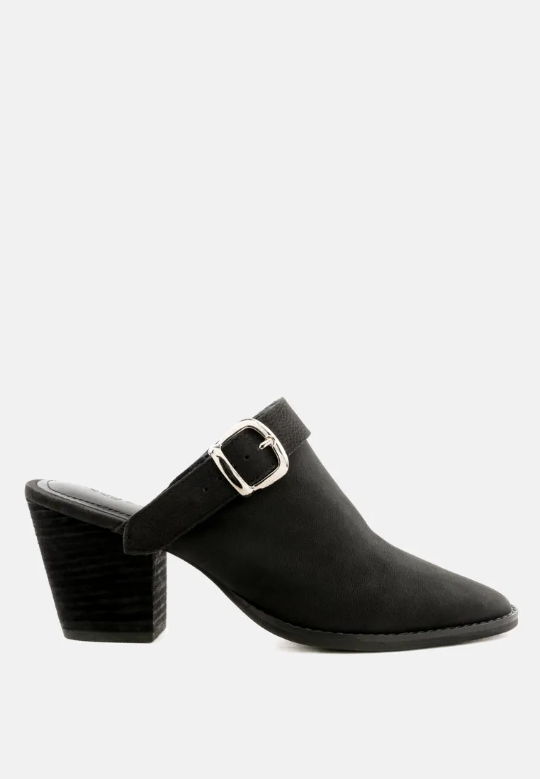 TARRAH Black Stacked Heel Mules with Adjustable Buckle