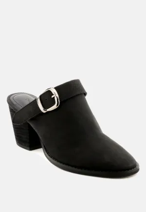 TARRAH Black Stacked Heel Mules with Adjustable Buckle