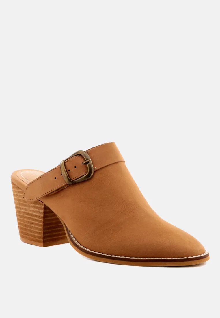 TARRAH Tan Stacked Heel Mules with Adjustable Buckle