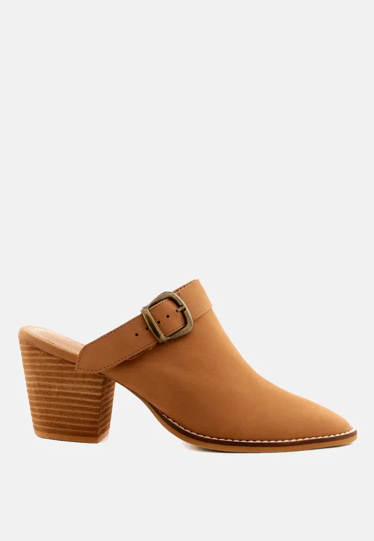 TARRAH Tan Stacked Heel Mules with Adjustable Buckle