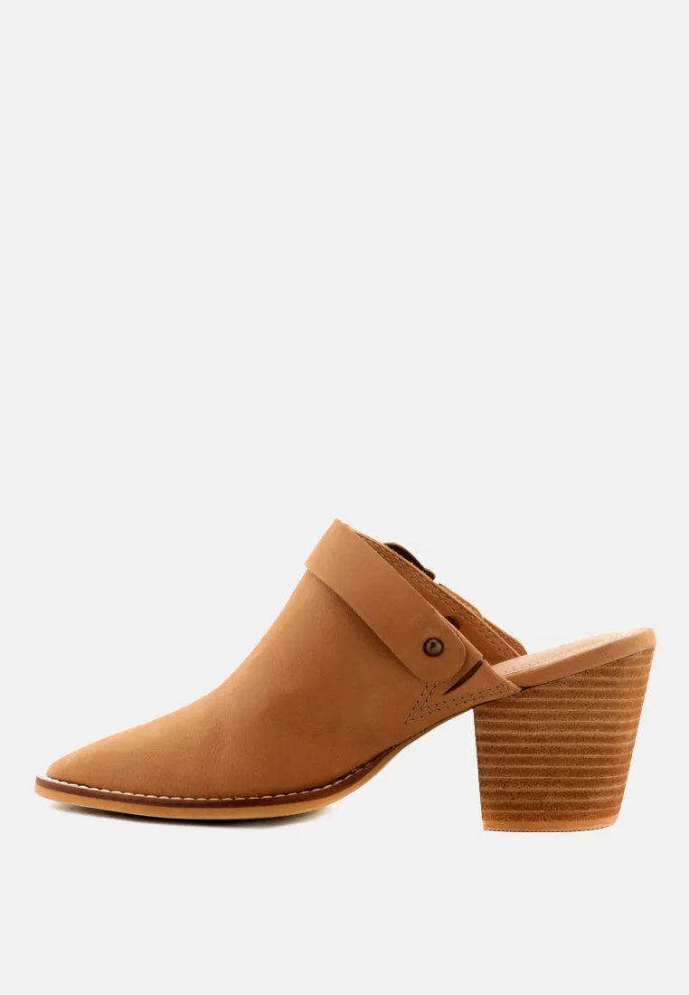 TARRAH Tan Stacked Heel Mules with Adjustable Buckle