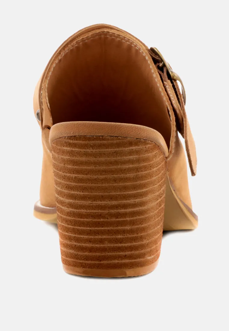 TARRAH Tan Stacked Heel Mules with Adjustable Buckle