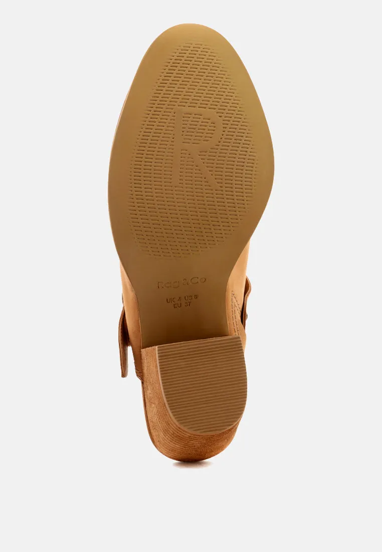 TARRAH Tan Stacked Heel Mules with Adjustable Buckle