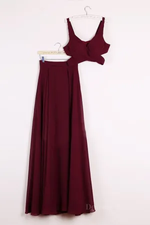 Two Pieces Burgundy Long Prom Dresses Dark Wine Red 2 Pieces Long Formal Bridesmaid Dresses