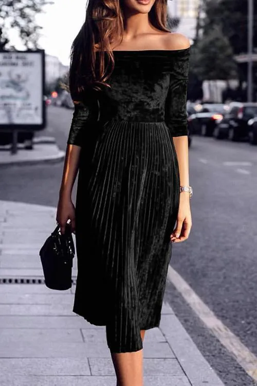 Velvet Off Shoulder Pleated Dress