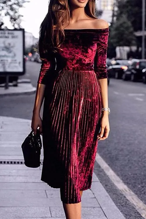 Velvet Off Shoulder Pleated Dress