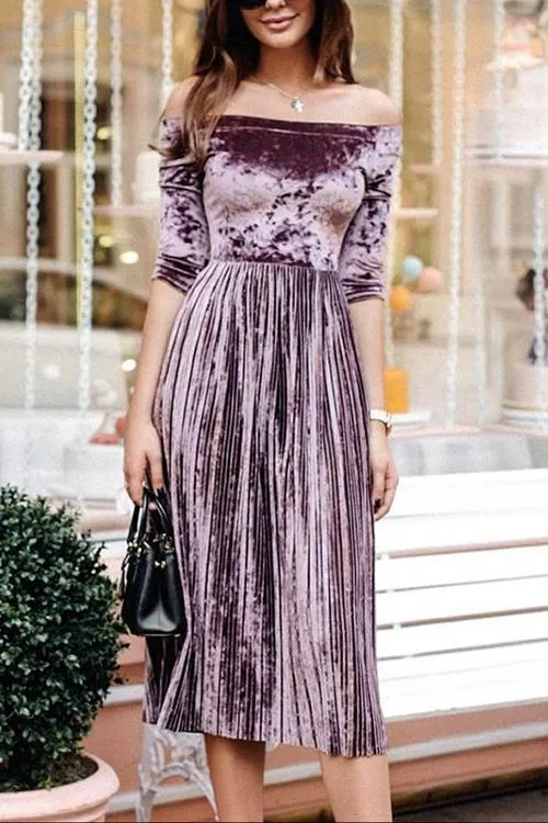 Velvet Off Shoulder Pleated Dress