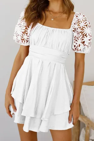 Women's Summer Mini Puff Sleeve Dress Square Neck Lace Ruffle A Line Dress